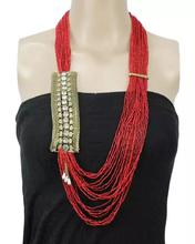 Red/Gold Stones And Beads Woven Pote Necklace For Women