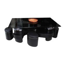 Black Rectangular Glass Room Table With 4 Stools And Fruit Basket