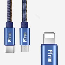 PTron Indigo 2A 3 In 1 Sync Charging Cable Jeans Cloth USB Data Cable For Smartphones (Black)