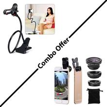 Combo Of Lazy Stand + 3 in 1 Mobile Camera Clip Lens-Multicolor