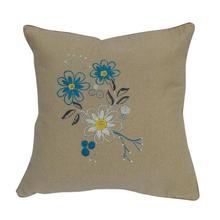 Light Brown/Blue Floral Embroidered Cushion Cover - 16" x 16"