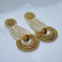 Golden/Off White Chandbali & Pinjada Drop Beaded Stylish Statement Earrings For Women