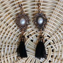 White Stone Black Tassel Drop Earrings