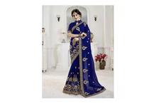 Embroidered Saree With Unstitched Blouse For Women-Blue/Golden