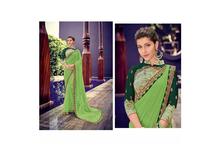 Embroidered Saree With Unstitched Blouse For Women-Green/Red