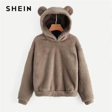 SHEIN Preppy Lovely With Bears Ears Solid Teddy Hoodie