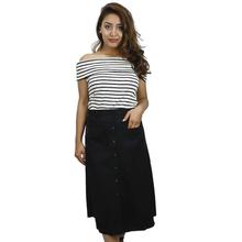 White/Black Off-Shoulder Striped Top With Black Skirt Set For Women