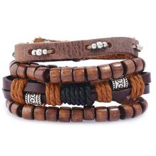 Fashion 4pcs/set Handmade Trendy Vintage Bracelets Female Homme Male Punk Wood Bead Charm Men Leather Bracelet For Women Jewelry