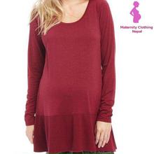 Maroon Solid Flared Maternity Top For Women