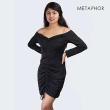 METAPHOR Black Front Tie Ruched Dress (Plus Size) For Women - XM15B