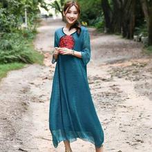 Blue Embroidery Patch Chiffon Long Dress For Women