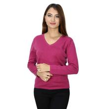 100% Wool Solid V-Neck Sweater- Dark Pink