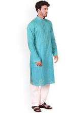 Manyavar Men Blue & Off-White Self Design Kurta with Pyjamas