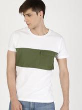 ether Men White & Olive Colourblocked Round Neck T-shirt