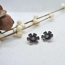 Silver/Black Flower Stone Studded Stud Earrings for Women