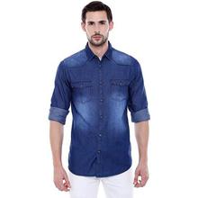 Dennis Lingo Men's Denim Dark Blue Solid Casual Shirt