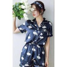 Blue Satin Silk Printed Nightwear Set For Women