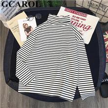 GCAROL Women T-shirt Turtleneck Striped Full Sleeve