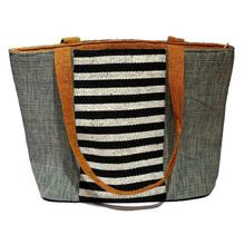 Grey/Black Striped Heavy Cotton Handbag For Women