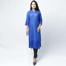 Blue Solid Chikan Emboidered Kurti For Women