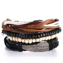 Fashion 4pcs/set Handmade Trendy Vintage Bracelets Female Homme Male Punk Wood Bead Charm Men Leather Bracelet For Women Jewelry