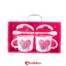 Archies Couple Ceramic Mug Set with Stirring Spoon and Lid