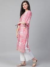 Women Pink & Off-White Printed Straight Kurta - 8009