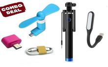 5-in-1 Mobile Accessories Combo - Data Cable + Selfie Stick + USB LED Light + USB Fan + Android Micro OTG Adapter