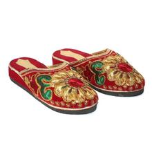 Maroon/Golden Floral Embroidered Velvet Heel Sandals For Women