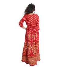 Pkshee Red Printed Rayon Long Flared Kurti/ Gown