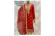 Stitched Kurta/Shawl With Unstitched Salwar For Women-Red