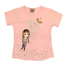 Black Cat Baby Pink Cartoon Printed T-Shirt For Girls - BCKG1768