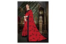 Floral Embroidered Georgette Saree With Blouse Piece For Women-Red/Black