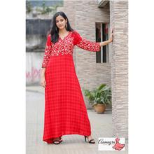 Red Half Printed Long Gown For Women