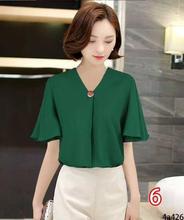 Women Loose Half Butterfly Sleeve V-Neck Chiffon T-shirt - Green