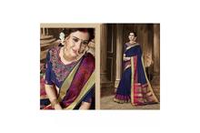 Paisley Printed Saree With Unstitched Blouse For Women-Navy Blue/Pink