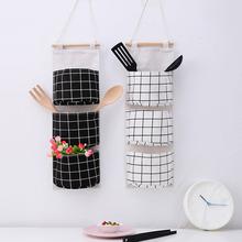 Fabric Wall Door Closet Hanging Storage Bag 3 Pockets Plaid Splice Pouch