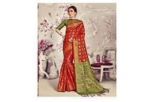 Banarasi Silk Saree With Unstitched Blouse For Women-Red/Green