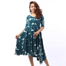 PetrolBlue And White Patterned Cotton Mix Midi Dress For Women-WDR5136
