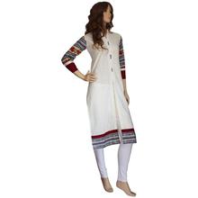 Plain White Kurti with Floral Details on Sleeves for Women