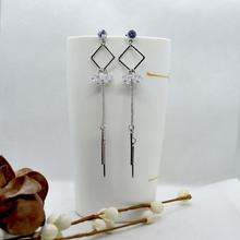 Silver/White Faux Crystal Beaded Long Chain Drop Earrings