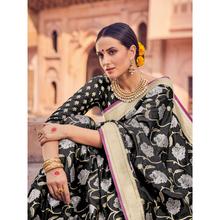 Style Lifestyle Designer Banarasi Black Saree with Elegant Floral Design With Jari & Woven Border with Black Blouse for Wedding, Party and Festival