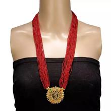 Red Woven Pote Necklace With Gold Pendent