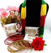 Combo Of Green/Red/Yellow Potey Mala- Golden/Red Stone Studded Bangles With Free Juro Flower And Bindis (3 Packets)