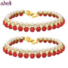 Aheli Traditional Jewellery 18K Gold Plated Kundan Green Faux Bead Fancy Red Anklet For Women