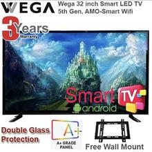 Wega 32 Inch Led Smart Android 9.0 Wifi Tv, High Sound With Front Glass Protection + Free Wall Mount