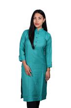 Turquoise Blue Mandarin Collared Rayon Kurti - (BIS2)