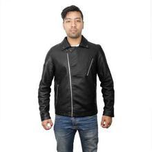 Black Zipped Leather Biker Jacket For Men