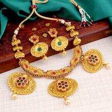 Sukkhi Estonish Gold Plated Red And Green Stone Necklace Set