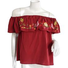 Red Floral Embroidered Off Shoulder Top For Women